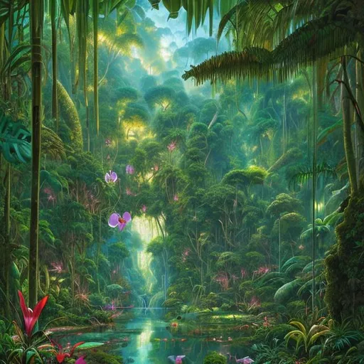 Prompt: Landscape painting, beautiful lush tropical glade with orchids, a huge green colored dimensional portal at the centre, bright light, dull colors, danger, fantasy art, by Hiro Isono, by Luigi Spano, by John Stephens