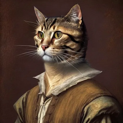 Prompt: A house cat dressed like a 15th century painter. Make the image look like a painting.