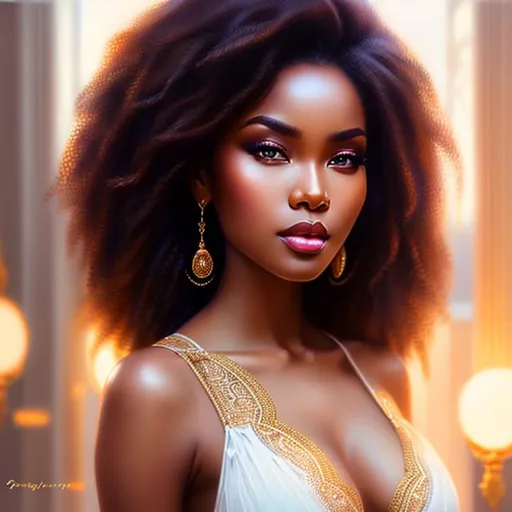 Prompt: Full body portrait of a beautiful  African woman, smooth soft light skin, big dreamy eyes, beautiful intricate colored hair, symmetrical, soft lighting, detailed face, stanley artgerm lau, wlop, rossdraws, concept art, digital painting,bikini, perfect hot body