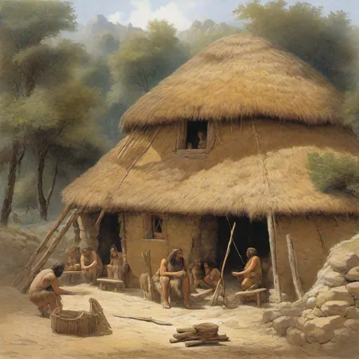 Prompt: Neanderthals constructed simple structures using materials such as wood, bones, and animal hides. Archaeological excavations have uncovered remains of circular or oval-shaped huts, with evidence of wooden frames and covered with skins or vegetation for roofing. These structures provided protection from the elements and served as a base for their daily activities.