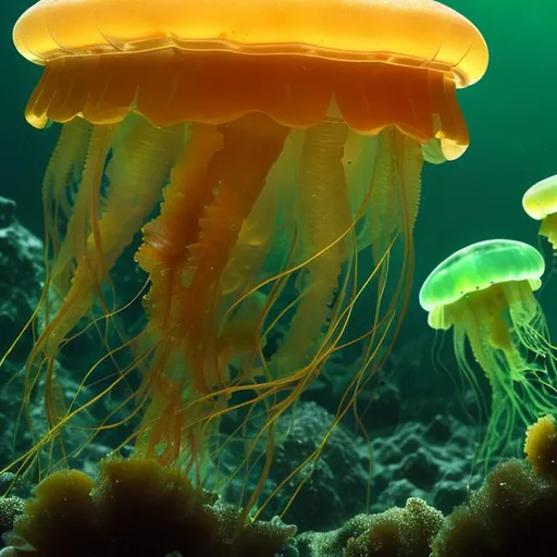 Prompt: green and gold planet sized jellyfish