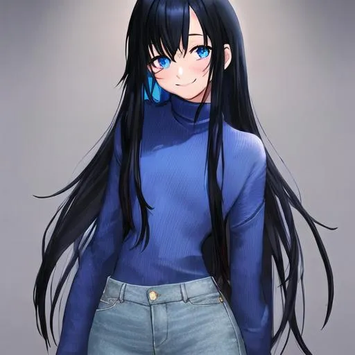 Prompt: Human female in blue sweater, long, blue jeans, wide black hair, red cheeks and nose, pinkish skin color, small-medium chest, blue eyes, cowlick in hair, smiling.