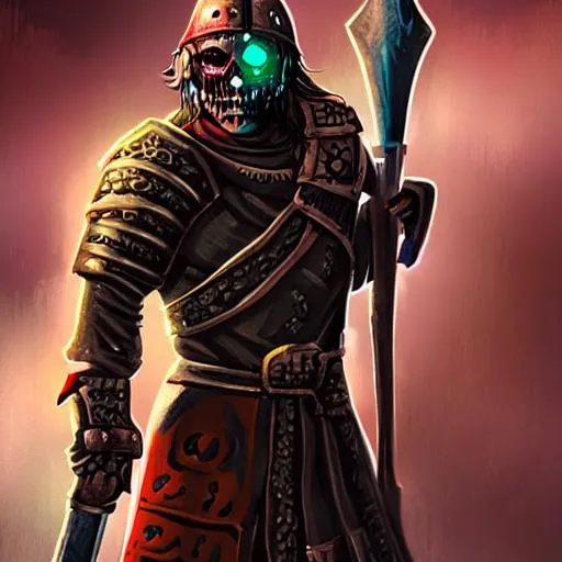 Prompt: Create a retro undead warrior who has glowing eyes, and is also wearing medieval armor, and holding a large weapon