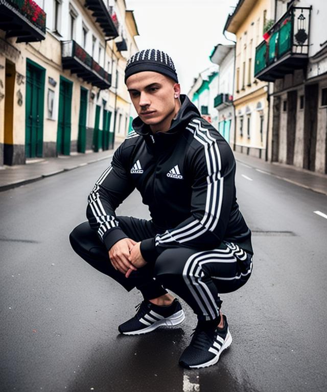 Squatting Slav in black Adidas track suit. Shaved he... | OpenArt