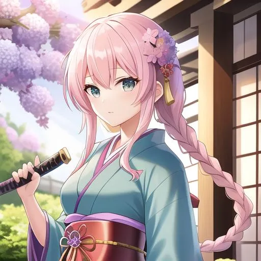 Prompt: young female samurai, with long blond braided hair, and sea foam green eyes, wearing a red kimono, wielding a katana, purple hydrangea hair ornament, wisteria in the background, Japanese village