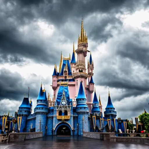 Prompt: Disney Castle with rain clouds