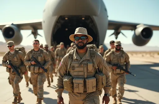 Prompt: Emerging from a military aircraft on a sunlit tarmac in the desert, a diverse platoon of soldiers clad in camouflage uniforms, adorned with various patterns and shades of brown, led by a African American Sergeant with no facial hair wearing a boonie hat, who is flanked on both sides by his men, exudes a sense of purpose as they carry gear and supplies. The foreground features a soldier with sunglasses, his focused expression highlighting the seriousness of their mission. Behind him, fellow troops laden with backpacks and weapons follow closely, some smiling, others displaying resolute determination, as they exit the imposing cargo plane with engines visible in the background. The bright, clear sky indicates a warm day, while the smooth concrete runway adds to the military ambiance, suggesting a scene of deployment or return from a mission. The overall vibe conveys a mix of camaraderie, readiness, and the challenges faced by those in service.