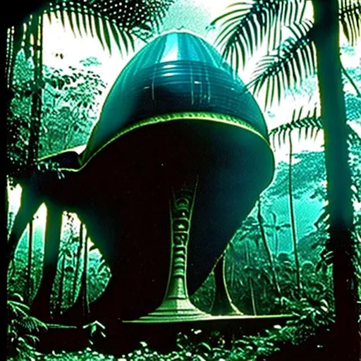 Prompt: Alien spaceship found inside the jungle in Indonesia circa 1975
Lost photograph 
Aliens around the ship 
Temples around