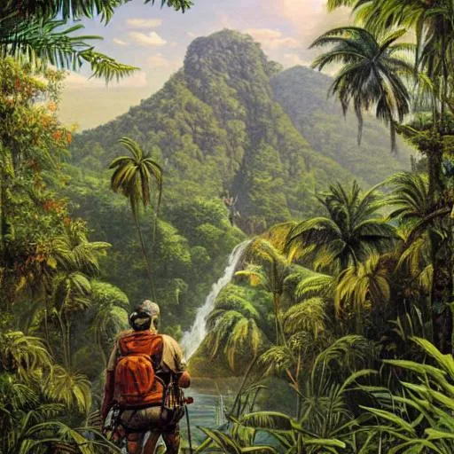 Prompt: detailed, realistic explorer with anceint ruins surrounded in jungle, by Mort Künstler