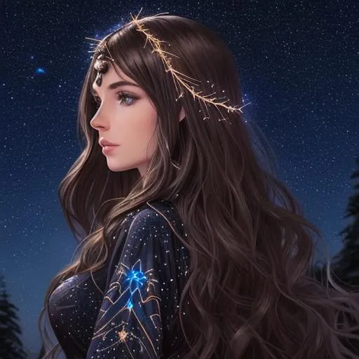 Prompt: A beautiful caucasian Canadian woman (goddess of the night sky) with magical flowing brunette hair in the style of constellations and the night sky profile picture