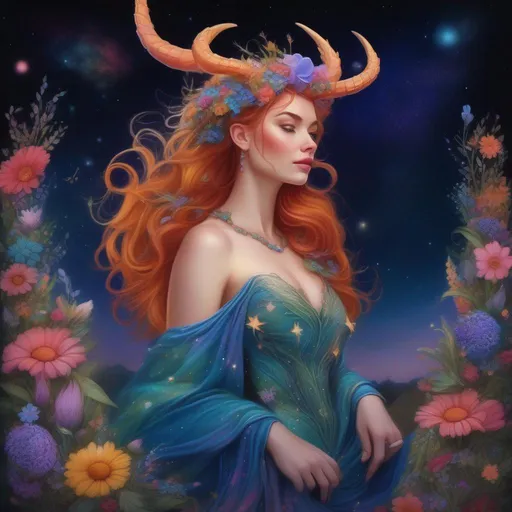 Prompt: A colourful and beautiful Persephone, she is a dragon woman, with scales for skin, antlers and gems in her hair. In a beautiful flowing dress made of wildflowers. Framed by a nighttime sky of clouds, stars and constellations. In a photorealistic painted Disney style.