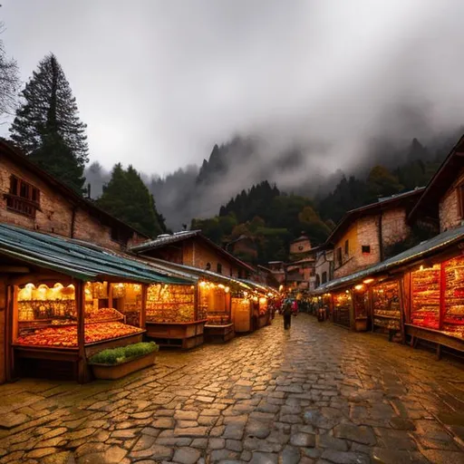 Prompt: scenic professional photograph of a small medieval market full of stands in a park, small mountain village with wooden buildings in background, in nature, lots of trees, iron fencing, perfect viewpoint, highly detailed, hyper realistic, grey sky, foggy, wet, autumn, evening, antique street lights, leaves falling, stars, dark, chapel in background, no people, polarizing filter, natural lighting, vivid colors, everything in sharp focus, HDR, UHD, 64K, highly reflective cobblestone street, after rain, falling leaves