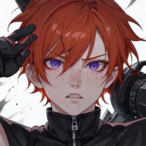 Prompt: Erikku male adult (short ginger hair, freckles, right eye blue left eye purple) UHD, 8K, Highly detailed, insane detail, best quality, high quality, in pain, angry, fighting with a chainsaw