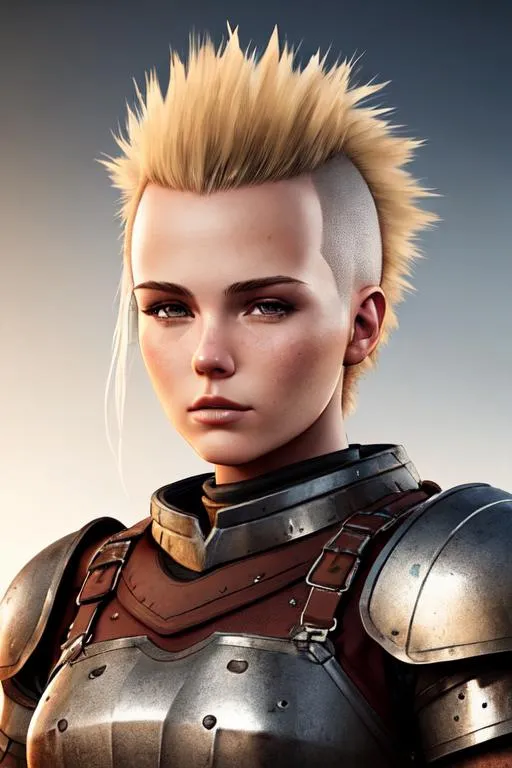 Prompt: Digital art, 18-year-old woman viking, dirty blonde hair thick and unkept shaved into a mohawk, brown gear, crimson armor, grey eyes, unreal engine 8k octane, uhd, 3d lighting, full body, full armor