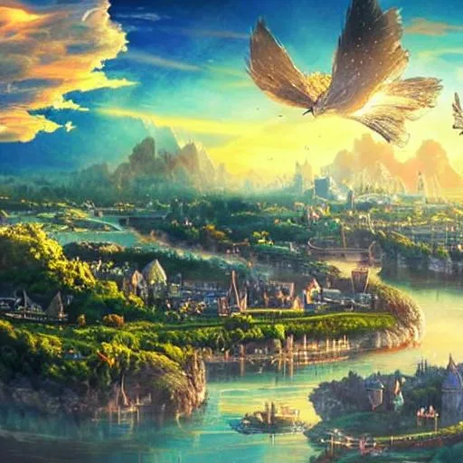 Prompt: city and countryside floating sky islands fantasy landscape