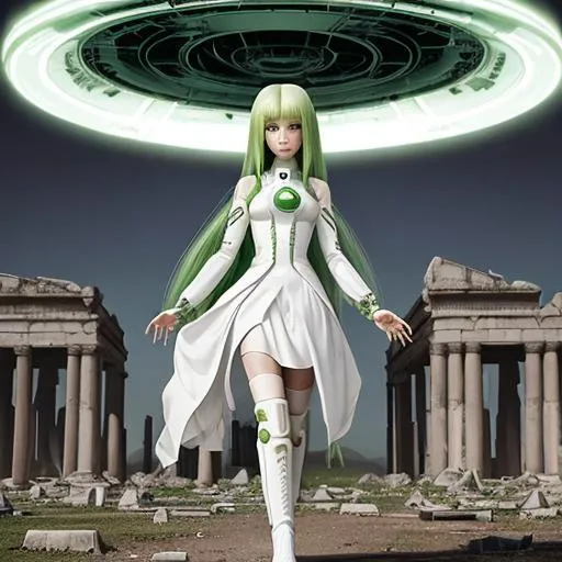 Prompt: beautiful alien girl with long green hair and white space skirt suit, white boots, near a ruined temple and UFO in background  