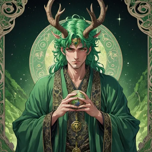 Prompt: tarot card Anime illustration, a green-haired man, detailed ornate cloth robe, dramatic lighting, earth God, king, stag horns, kind face