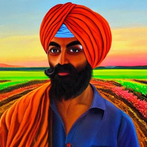 Prompt: A painting of a Singh with airpods in traditional clothing at sunset in farming fields with vibrant colours