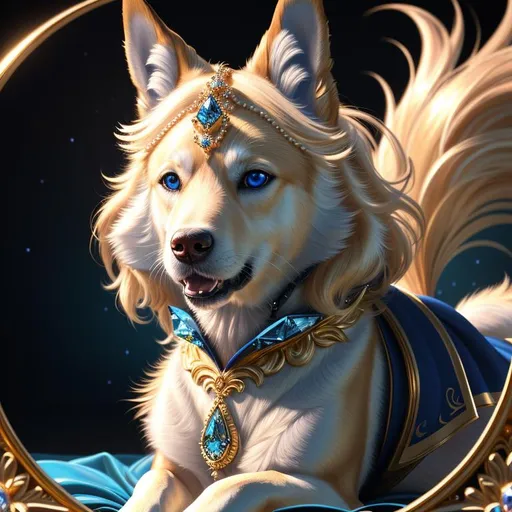 Prompt: 16k, 8k, 3D, ultra high definition, very detailed, masterpiece, detailed painting, ultra detailed background, UHD character, UHD background, beautiful medium-sized (canine quadruped), female, with wind powers, pearl-gold fur and golden hairs, vivid crystal-blue eyes, long blue diamond ears with royal blue and magenta interior, (sapphire sparkling rain), sparkling gold mane, cute fangs, majestic like a wolf, playful like a fox, energetic like a deer, calm and inviting smile, ears of blue point siamese cat,  fur speckled with sapphire crystals, fluffy mane, insanely detailed fur, insanely detailed eyes, insanely detailed face, standing in fantasy garden, atmosphere filled with (sparkling rain) and (flower petals), pink and cyan flowers, cherry blossoms, mountains, auroras, pink twilight sky, unreal engine, best quality