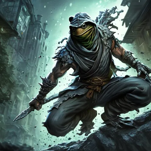 Prompt: Splash art of half-human, half-frog ninja sorcerer, very detailed, HDR, cave background