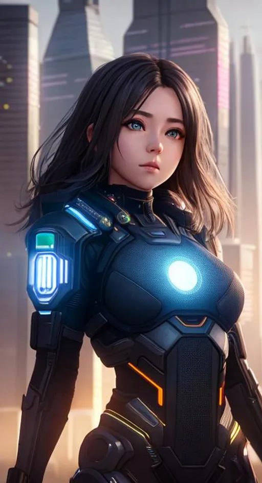 Prompt: Dystopian, High Detail RAW color Photo, Full Shot, (cute and innocent female), detailed face, detailed eyes, portrait, centered,

standing on an overlook, looking out at sprawling cyberpunk city skyline, perfect face, (highly detailed, fine details, intricate), (lens flare:0.5), (bloom:0.5), raytracing, specular lighting, shallow depth of field, 200mm lens, hard focus, smooth, cinematic film still,