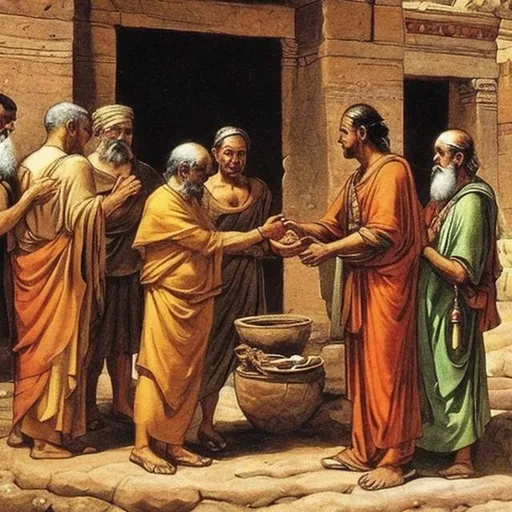 Prompt: ancient peoples exchanging good 