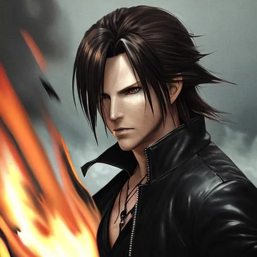 Prompt: A dark, spooky image of Squall from Final Fantasy staring forward with fire in the background