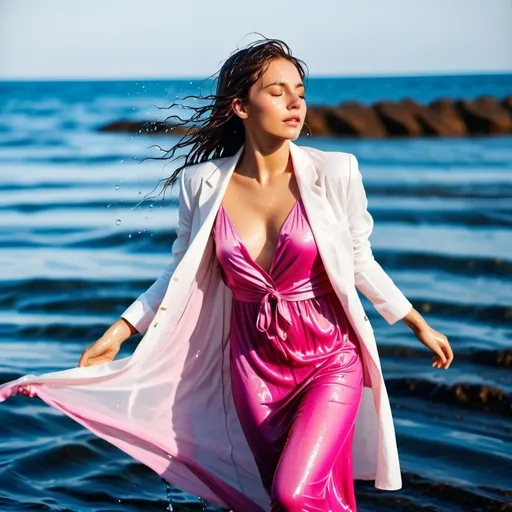 Prompt: photo of young woman, soaking wet clothes, Tights, Pink maxi summer dress, White blazer,  , Sea,   enjoying, water dripping from clothes, clothes stuck to body,  detailed textures of the wet fabric, wet face, wet plastered hair,  wet, drenched, professional, high-quality details, full body view 