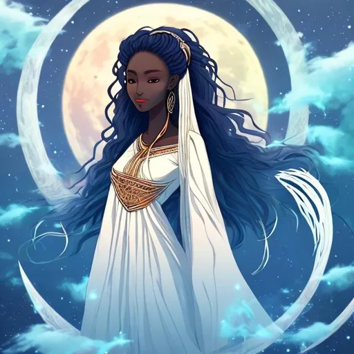 Prompt: A beautiful and ethereal moon goddess with long hair depicted In traditional Kenyan attire standing in the flowing wind behind the full moon in the artstyle of digital art and anime