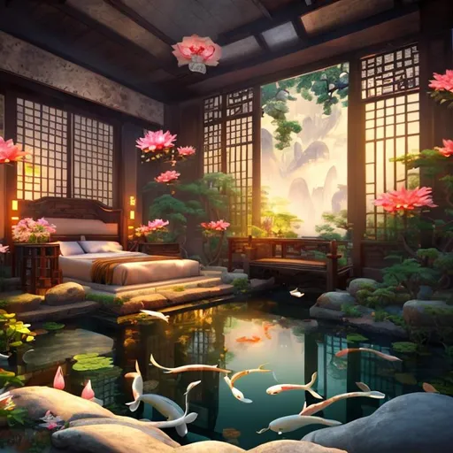 Prompt: Fantasy room, Chinese architecture, bed, koi pond, cascade, realistic anime style, trees, flowers, lotus, river flowing from the ceiling, clouds, mist