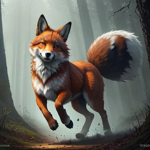 Prompt: Gorgeous pretty girl with foxy ears and tail running in fear and scared, foggy forest, concept art, mid shot, intricately detailed, color depth, cinematic, aquarelle watercolor painting, intricate detailed