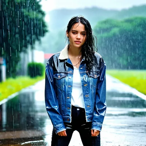 Prompt: photo of young woman, soaking wet clothes, Sneakers, Levi’s 501, Denim jacket,  , Standing in the rain,   enjoying, water dripping from clothes, clothes stuck to body,  detailed textures of the wet fabric, wet face, wet plastered hair,  wet, drenched, professional, high-quality details, full body view.