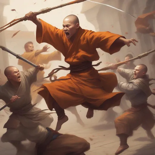 Prompt: Young dungeons and dragons monk fighting multiple attackers. They are mid-air kicking and striking with a quarterstaff at the same time