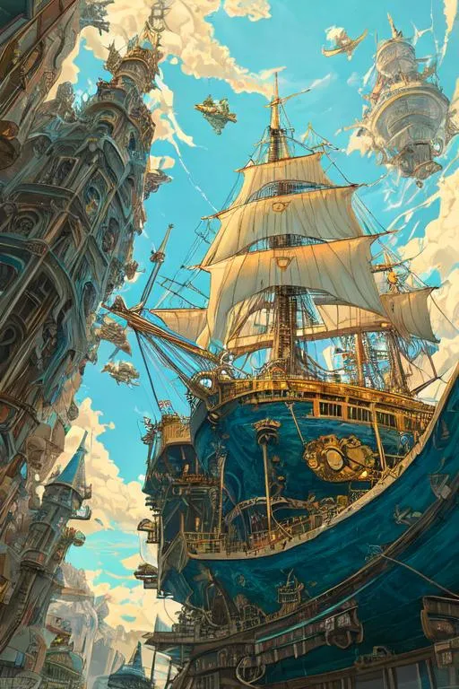 Prompt: hyperdetailed 2D flat color gigantic steampunk flying boat, looking from below,

masterpiece intricate hyperdetailed best quality flat color pencil sketch 2D 1 anime girl hopeful, blonde fluffy short hair, goggles, hyperdetailed blue and green steampunk fantasy leather and cotton clothes, hyperdetailed face,

scenic view landscape 2D flat color medieval city on the gigantic abyss hole vector background, action shot, extreme long shot wide view, full frame wide angle,

standing,

sunshine, blue sky, cinematic lighting,

precise hard pencil strokes, thick and hard pencil outline,

Made In Abyss,

hyperdetailed 2D vector concept art picture, vector, illustration, character concept,

2D fantasy concept art style, inspired by final fantasy art, adventure, inspiring, colorful, heroic fantasy art,