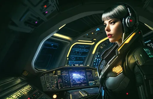 Prompt: a cyborg in a spaceship cockpit , ghost in the shell, high details, realistic, professionally colour graded, photorealism, 8k, pixiv, tumblr, instagram, deviantart, art by sakimi chan
