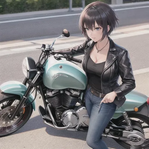 Prompt: woman getting off of motorcycle with short hair 