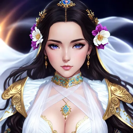 Prompt: anime portrait of  young woman with flowing curly dark brown hair and dark blue eyes | wearing vastly ornately opulent byzantine gown | ultra-fine details, hyper-focused, deep colors, dramatic lighting, ambient lighting god rays, flowers, garden | by sakimi chan, artgerm, wlop, pixiv, tumblr, instagram, deviantart