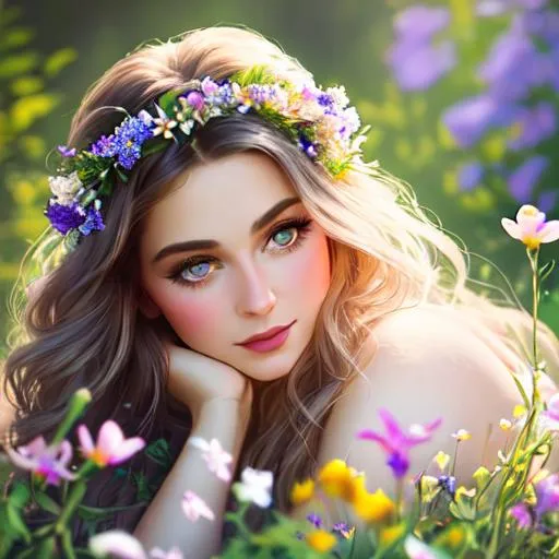 Prompt: Anne Bolelyn as a fairy goddess, ethereal beauty, soft light,surrounded by wildflowers, closeup