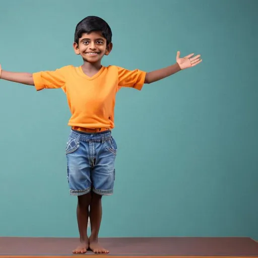 Prompt: Image for smiling child for height and weight gain product. A healthy smiling indian Boy standing on weight scale with his both hands upside towards sky, showing for height gain. 