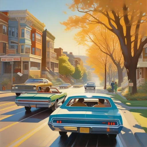 Prompt: 1970s, Seattle, car chase, sunny weather, warm atmosphere, cartoony style, extremely detailed painting by Greg Rutkowski and by Henry Justice Ford and by Steve Henderson