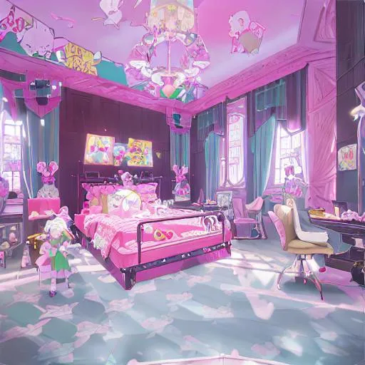 Prompt: kawaii room with hello kitty sanrio merch decora kei no black color walolita gyaru uchuu kei gyaru