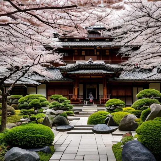 Prompt: In the tranquil setting of a Japanese garden, nestled amidst lush cherry blossom trees, stands a magnificent Catholic church. The architectural style seamlessly blends elements of traditional Japanese design with European influences. The façade features a striking combination of delicate wooden lattice work, reminiscent of a traditional Japanese temple, alongside grand arched windows adorned with intricate stained glass depicting scenes from the life of Christ and Japanese saints.