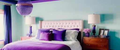 Prompt: Luxury blue and purple colored bedroom