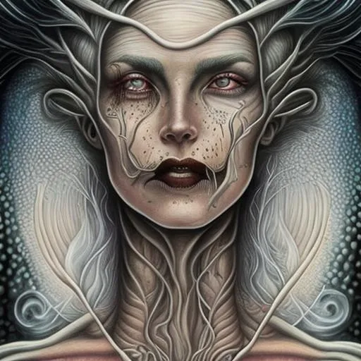 Prompt:  In the style of Alex Grey,  beautiful woman, Gray hair with blood stains, Gray-colored eyes, haunting look, sharp teeth, art deco style, in the style of Botticelli