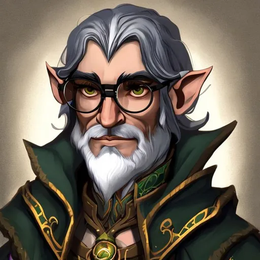 Prompt: Proctor Raymon of Hearth Rest, an elf male with greying black hair and circle glasses, a stern guant face, and druidic embellishments