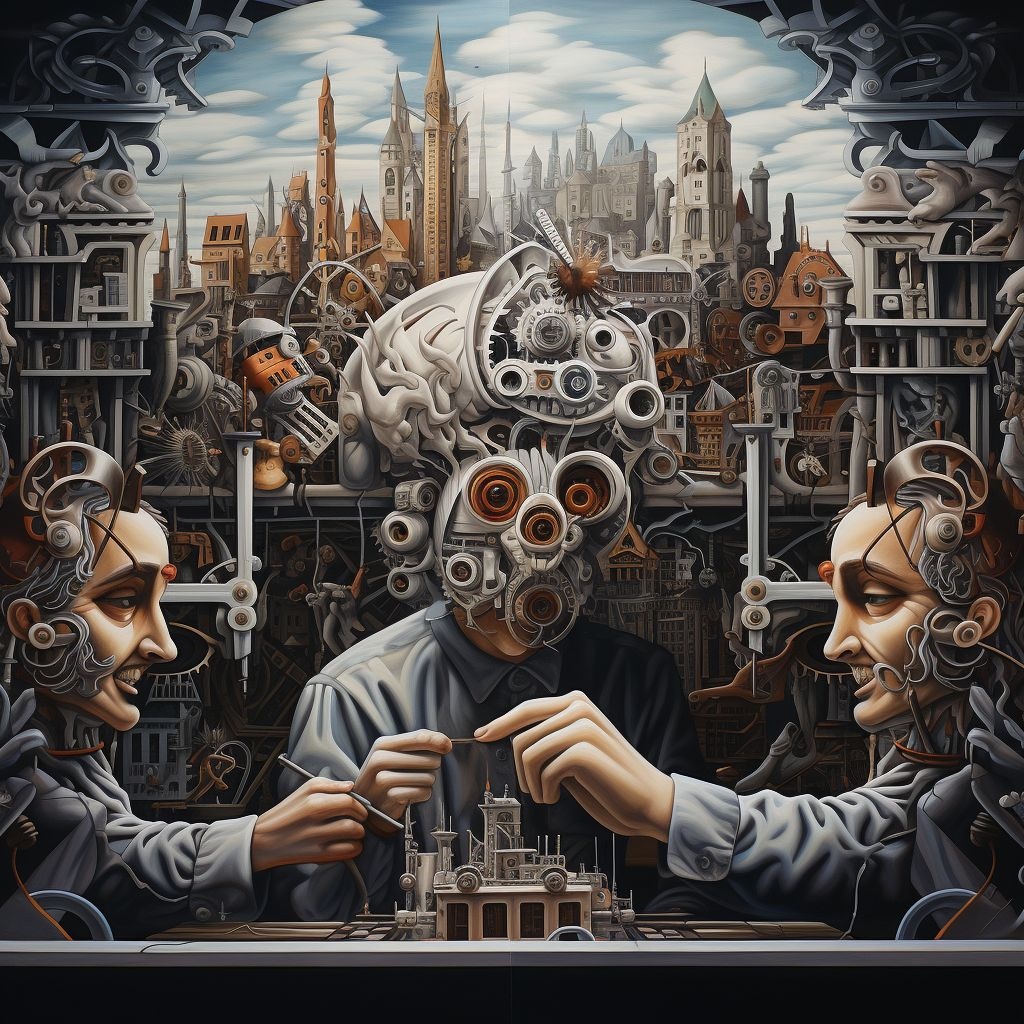 Prompt: a man in a costume is painting a mask, in the style of surreal city scenes, intricate and bizarre illustrations, gray and bronze, escher-inspired, emotive faces, mirror, machine aesthetics