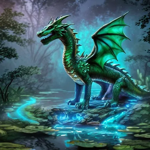 Prompt: A dragon in a magical wooded area with a beautiful pond in the middle that is very deep. The pond has a glowing creature in it