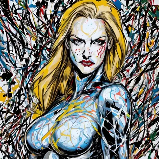 Prompt: Emma Frost painted in the style of Jackson Pollock