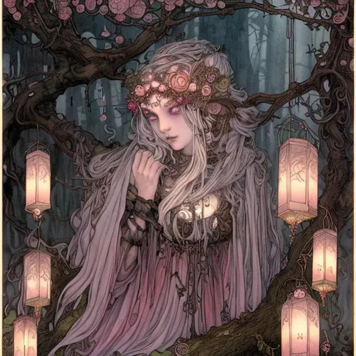 Prompt: Druid witch Girl with pretty detailed face rose gold pinkish hair perched high in a tree branch with lanterns by John bauer storybook illustrations high contrast 