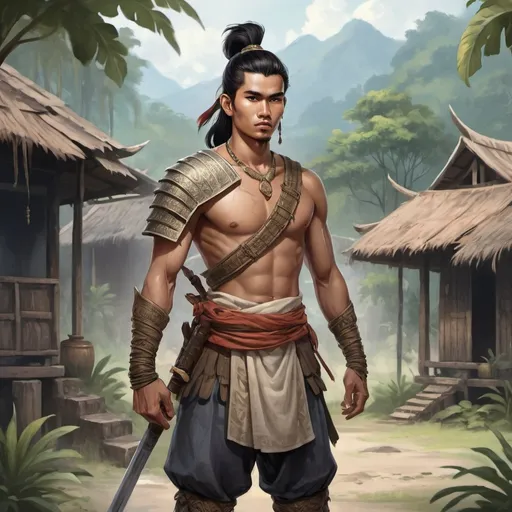 Prompt: Full body, Fantasy illustration of a male malayan warrior, 20 years old, kind expression, traditional garment, black hair, high quality, rpg-fantasy, detailed, malayan village background